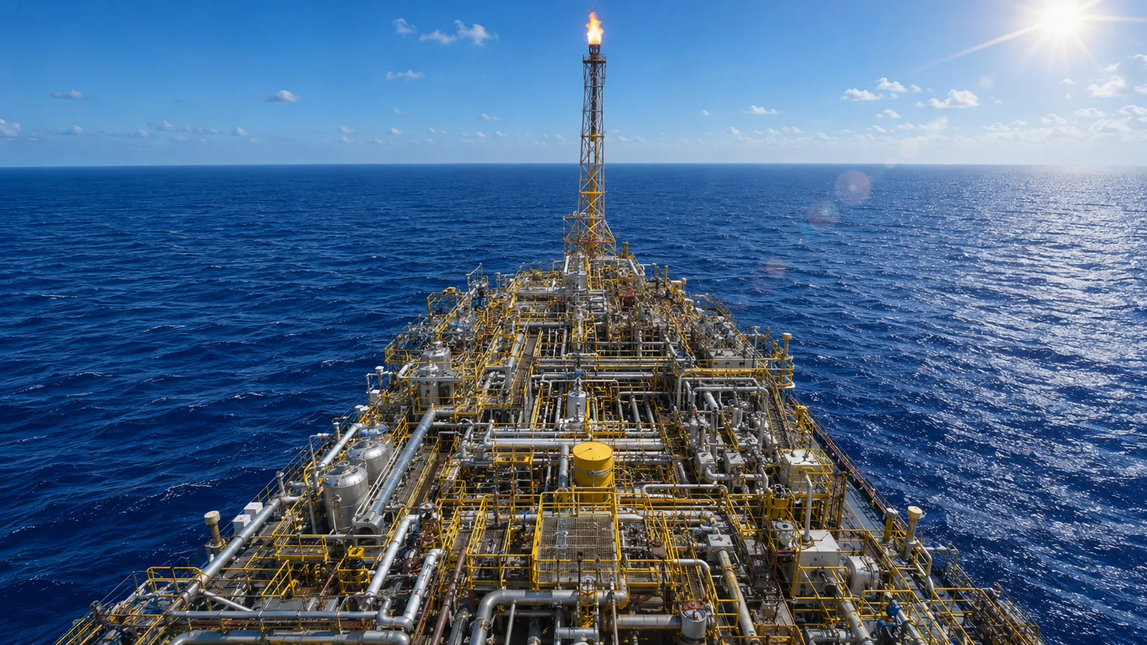 Midship view across FPSO process systems towards the bow and flare tower